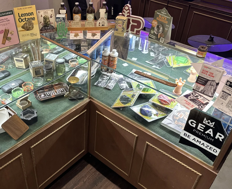 display with various cannabis accessories